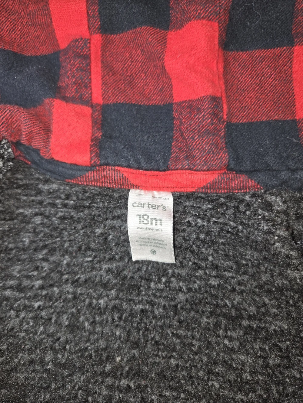 Carter's Black & Gray Hooded Toggle Jacket with Red Plaid Hood Trim